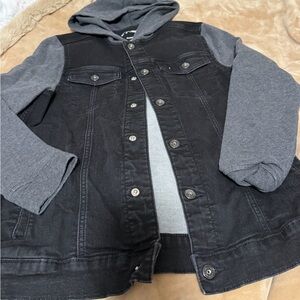 art class Black Denim Jacket with Gray Hoodie Sleeves